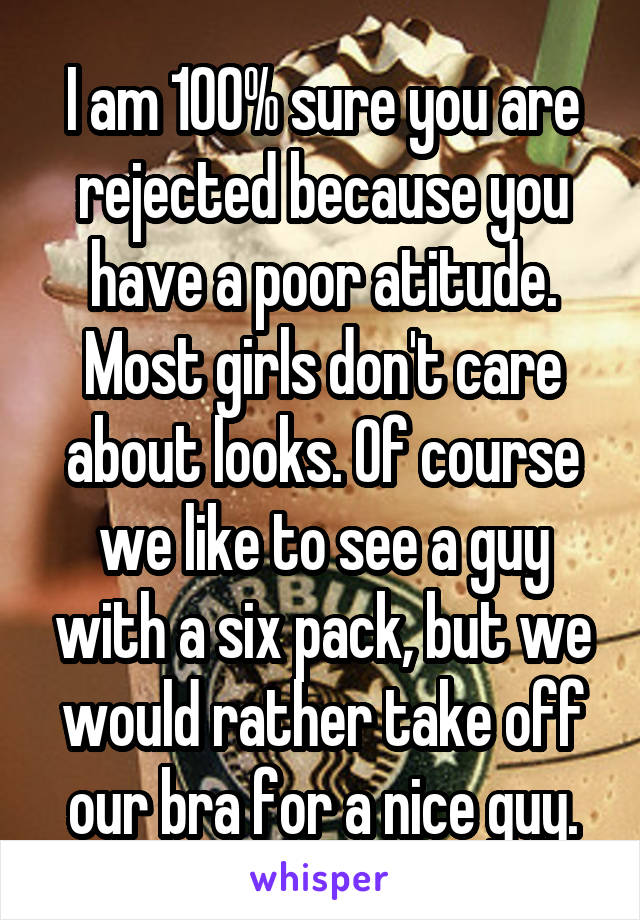 I am 100% sure you are rejected because you have a poor atitude. Most girls don't care about looks. Of course we like to see a guy with a six pack, but we would rather take off our bra for a nice guy.