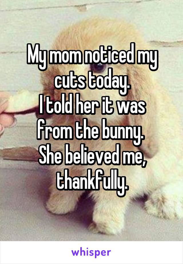 My mom noticed my cuts today.
I told her it was
from the bunny. 
She believed me, thankfully.
