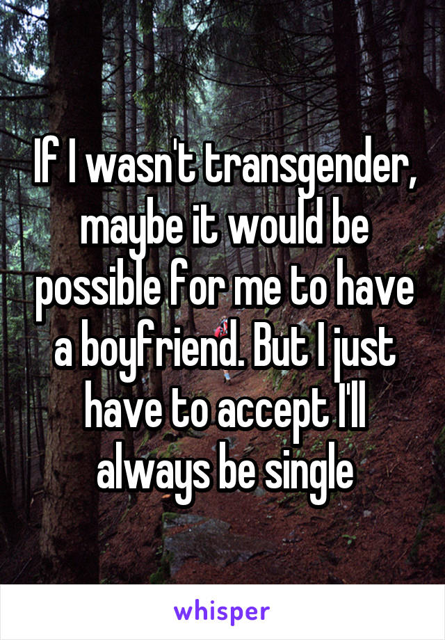 If I wasn't transgender, maybe it would be possible for me to have a boyfriend. But I just have to accept I'll always be single