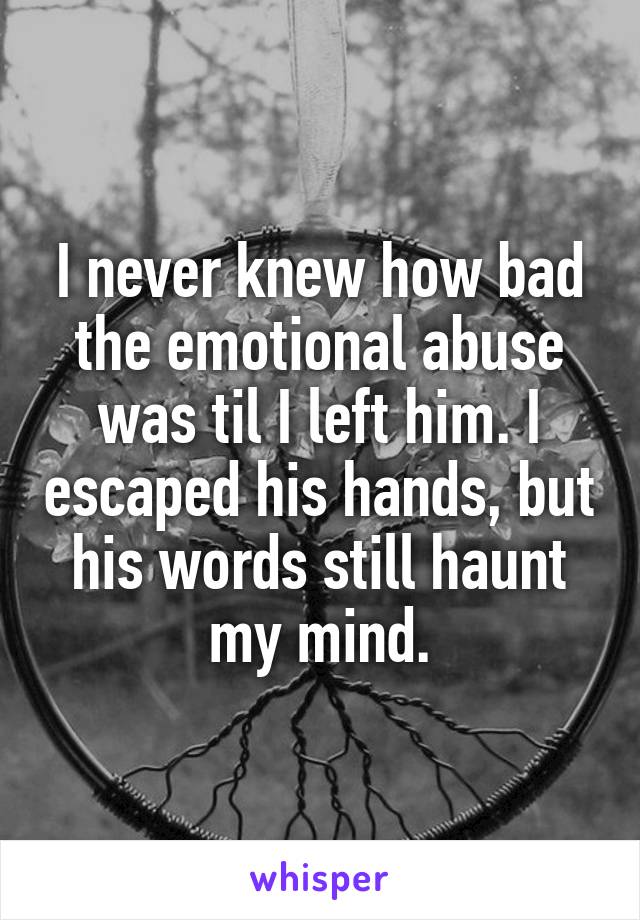 I never knew how bad the emotional abuse was til I left him. I escaped his hands, but his words still haunt my mind.
