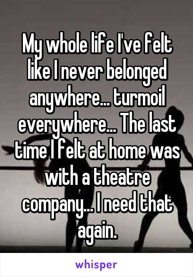 My whole life I've felt like I never belonged anywhere... turmoil everywhere... The last time I felt at home was with a theatre company... I need that again.