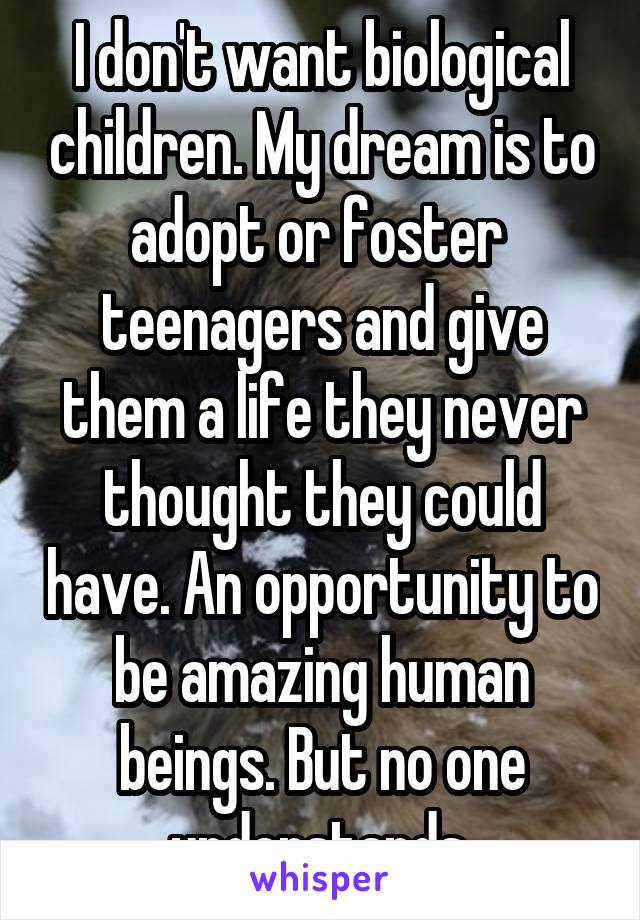 I don't want biological children. My dream is to adopt or foster  teenagers and give them a life they never thought they could have. An opportunity to be amazing human beings. But no one understands.