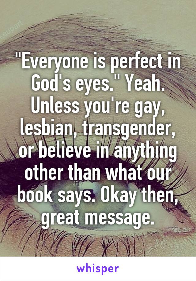 "Everyone is perfect in God's eyes." Yeah. Unless you're gay, lesbian, transgender, or believe in anything other than what our book says. Okay then, great message.