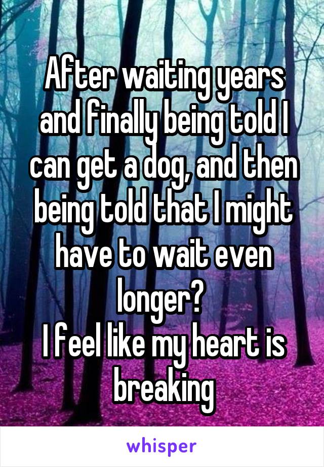 After waiting years and finally being told I can get a dog, and then being told that I might have to wait even longer? 
I feel like my heart is breaking