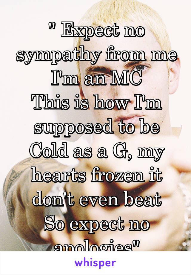 " Expect no sympathy from me I'm an MC
This is how I'm supposed to be
Cold as a G, my hearts frozen it don't even beat
So expect no apologies"