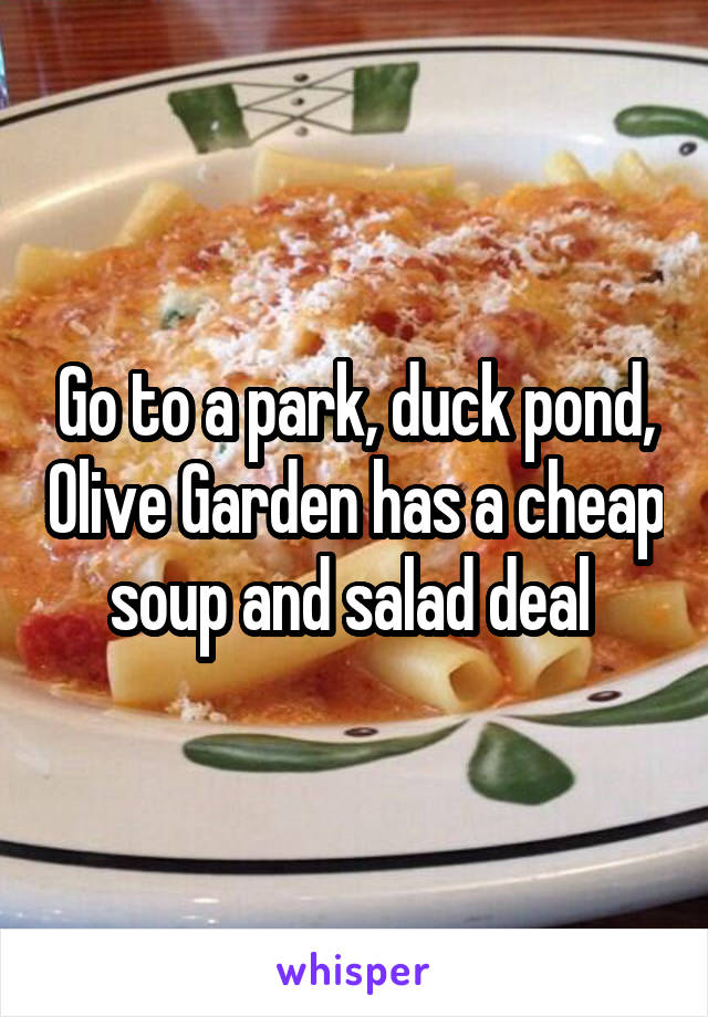 Go to a park, duck pond, Olive Garden has a cheap soup and salad deal 