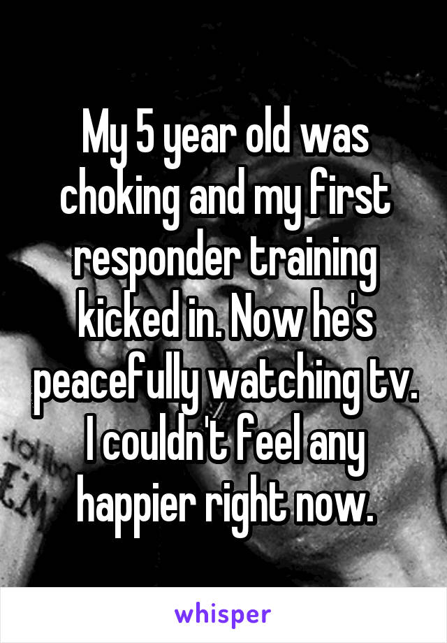 My 5 year old was choking and my first responder training kicked in. Now he's peacefully watching tv. I couldn't feel any happier right now.