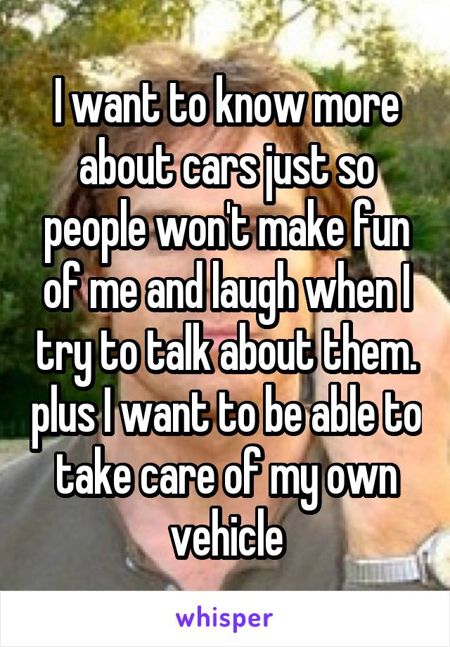 I want to know more about cars just so people won't make fun of me and laugh when I try to talk about them. plus I want to be able to take care of my own vehicle