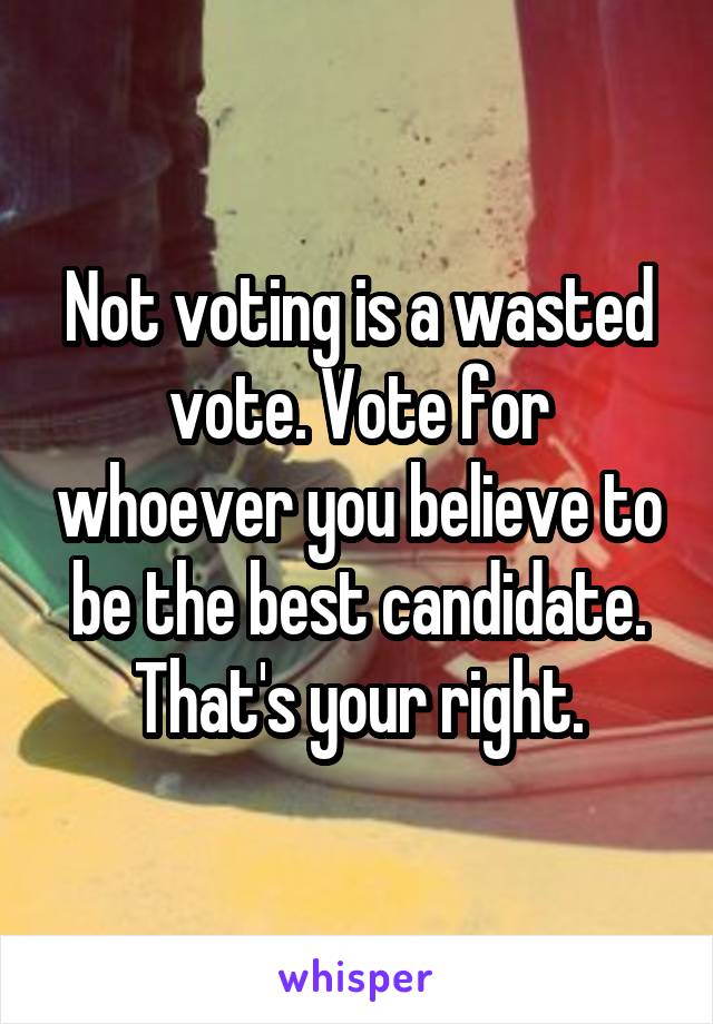 Not voting is a wasted vote. Vote for whoever you believe to be the best candidate. That's your right.