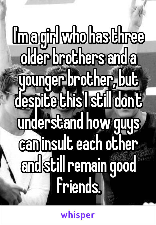 I'm a girl who has three older brothers and a younger brother, but despite this I still don't understand how guys can insult each other and still remain good friends.