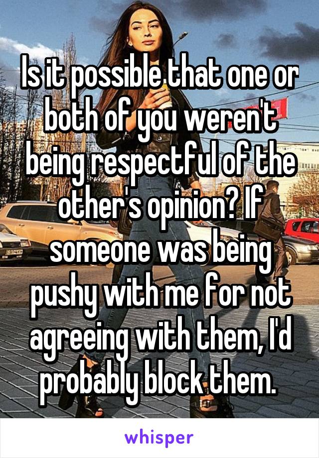 Is it possible that one or both of you weren't being respectful of the other's opinion? If someone was being pushy with me for not agreeing with them, I'd probably block them. 