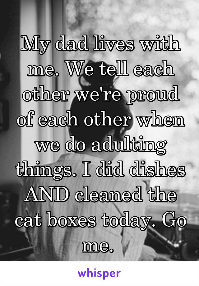 My dad lives with me. We tell each other we're proud of each other when we do adulting things. I did dishes AND cleaned the cat boxes today. Go me. 