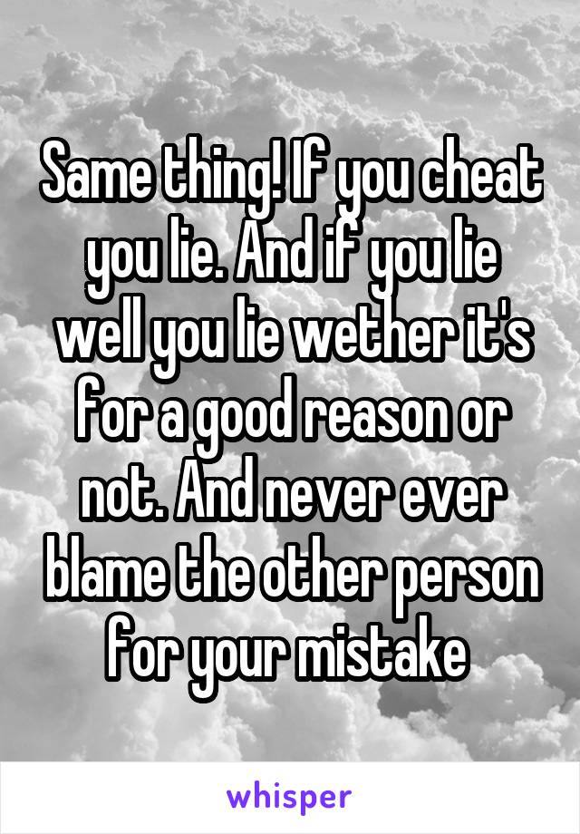 Same thing! If you cheat you lie. And if you lie well you lie wether it's for a good reason or not. And never ever blame the other person for your mistake 