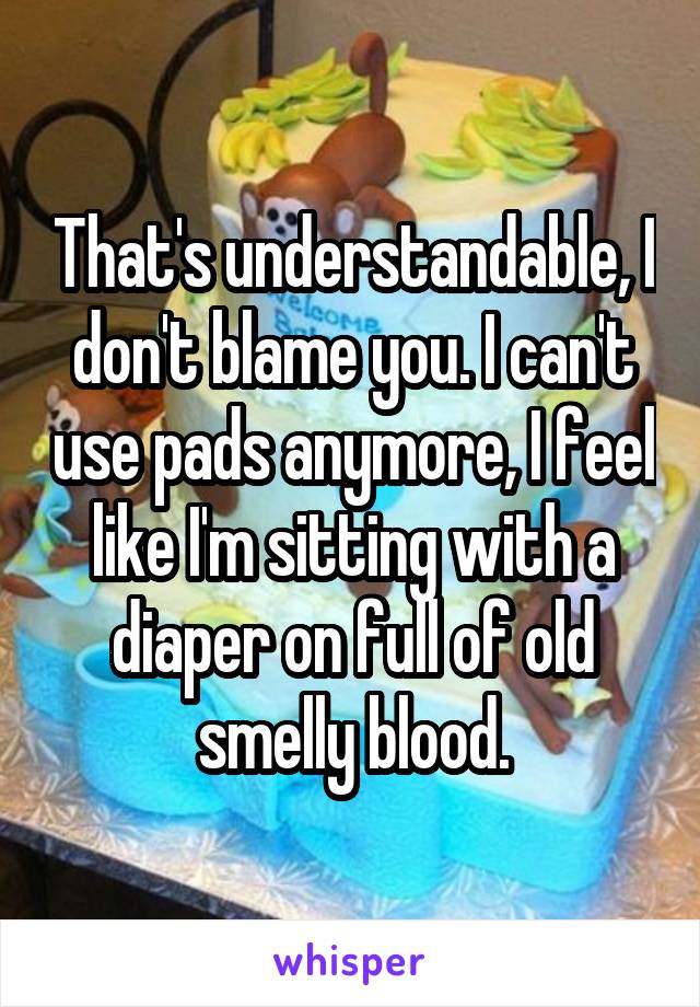 That's understandable, I don't blame you. I can't use pads anymore, I feel like I'm sitting with a diaper on full of old smelly blood.