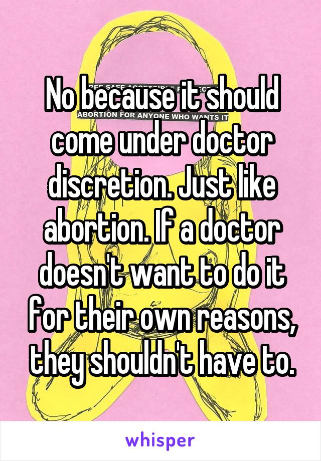 No because it should come under doctor discretion. Just like abortion. If a doctor doesn't want to do it for their own reasons, they shouldn't have to.