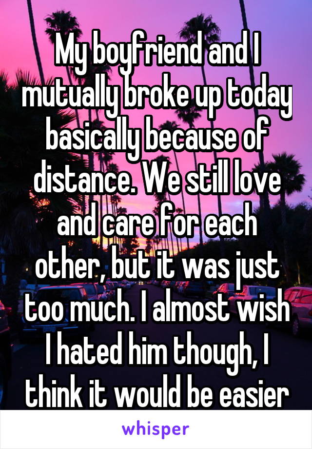 My boyfriend and I mutually broke up today basically because of distance. We still love and care for each other, but it was just too much. I almost wish I hated him though, I think it would be easier