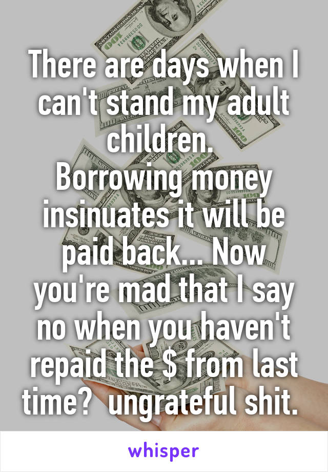 There are days when I can't stand my adult children. 
Borrowing money insinuates it will be paid back... Now you're mad that I say no when you haven't repaid the $ from last time?  ungrateful shit. 