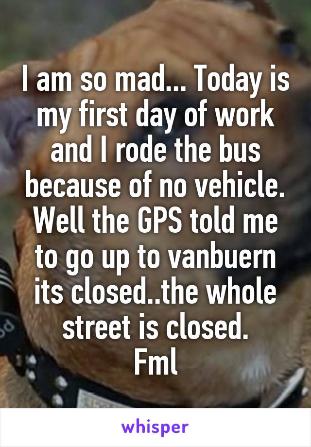 I am so mad... Today is my first day of work and I rode the bus because of no vehicle.
Well the GPS told me to go up to vanbuern its closed..the whole street is closed.
Fml