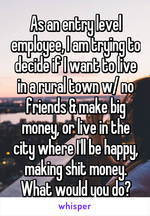 As an entry level employee, I am trying to decide if I want to live in a rural town w/ no friends & make big money, or live in the city where I'll be happy, making shit money. What would you do?