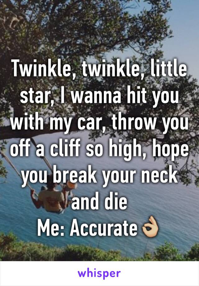 Twinkle, twinkle, little star, I wanna hit you with my car, throw you off a cliff so high, hope you break your neck and die
Me: Accurate👌🏼