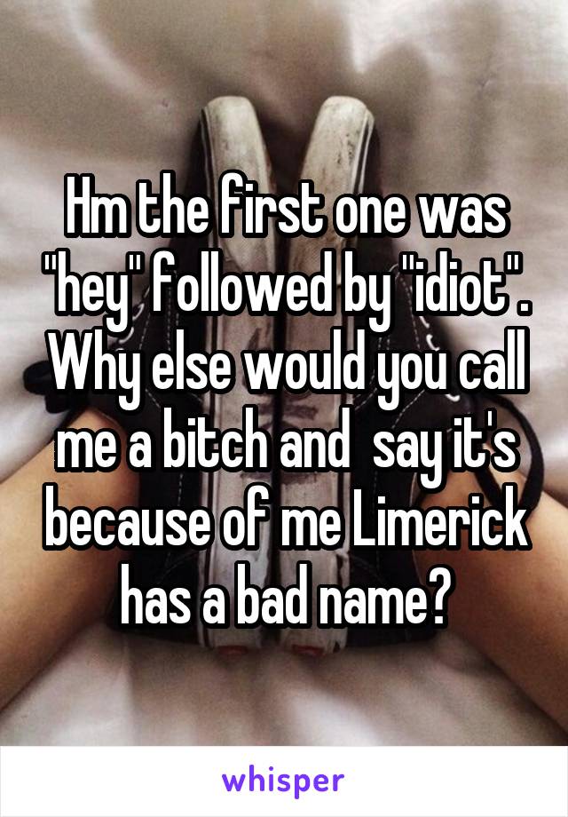 Hm the first one was "hey" followed by "idiot". Why else would you call me a bitch and  say it's because of me Limerick has a bad name?