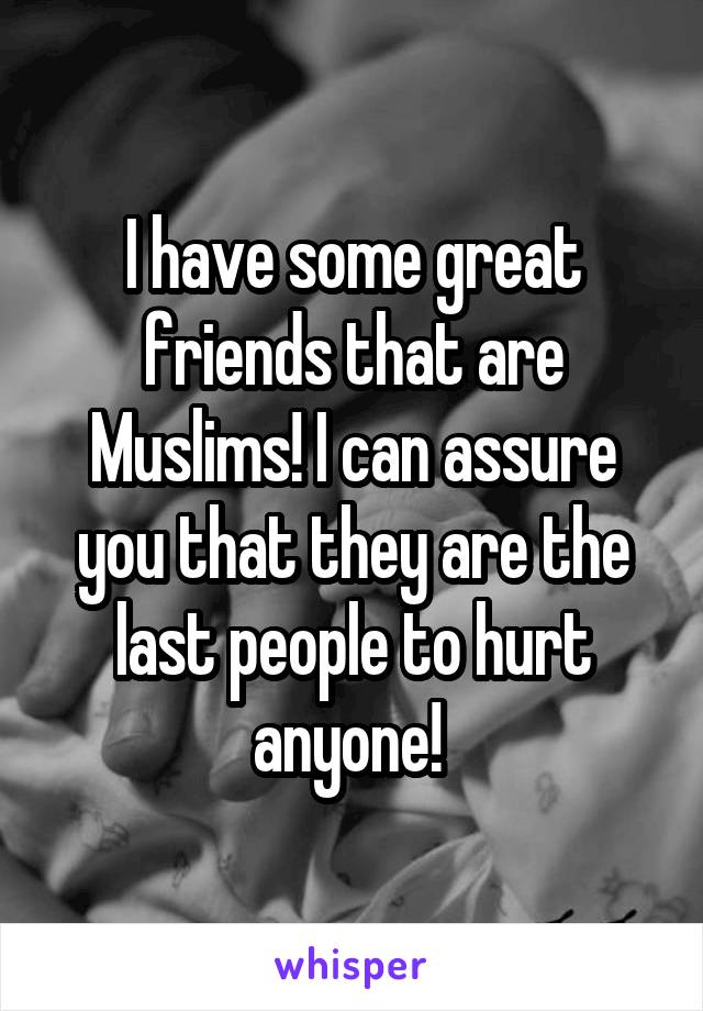 I have some great friends that are Muslims! I can assure you that they are the last people to hurt anyone! 