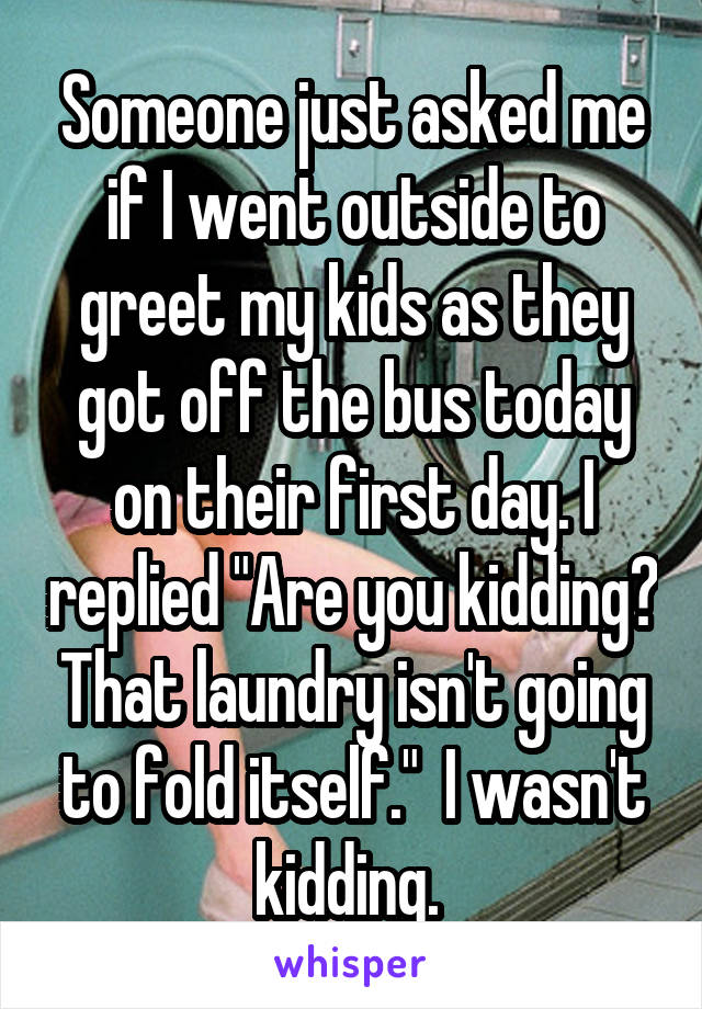 Someone just asked me if I went outside to greet my kids as they got off the bus today on their first day. I replied "Are you kidding? That laundry isn't going to fold itself."  I wasn't kidding. 