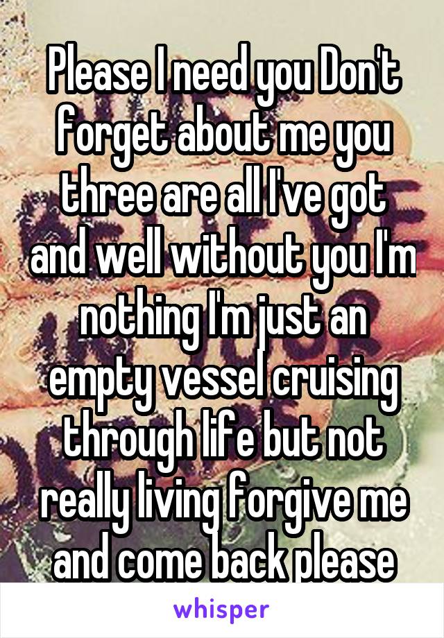 Please I need you Don't forget about me you three are all I've got and well without you I'm nothing I'm just an empty vessel cruising through life but not really living forgive me and come back please