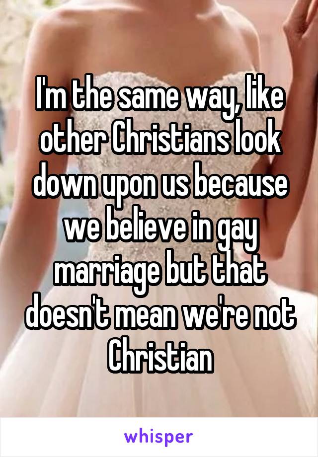 I'm the same way, like other Christians look down upon us because we believe in gay marriage but that doesn't mean we're not Christian