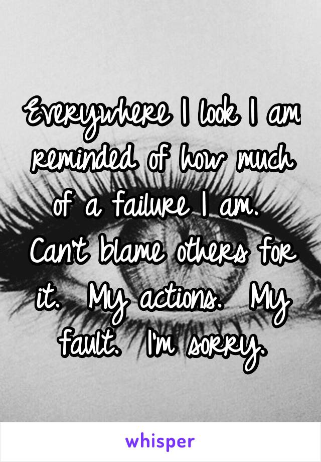 Everywhere I look I am reminded of how much of a failure I am.  Can't blame others for it.  My actions.  My fault.  I'm sorry.