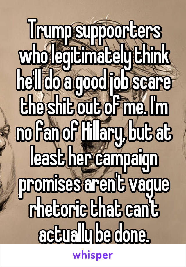 Trump suppoorters who legitimately think he'll do a good job scare the shit out of me. I'm no fan of Hillary, but at least her campaign promises aren't vague rhetoric that can't actually be done.