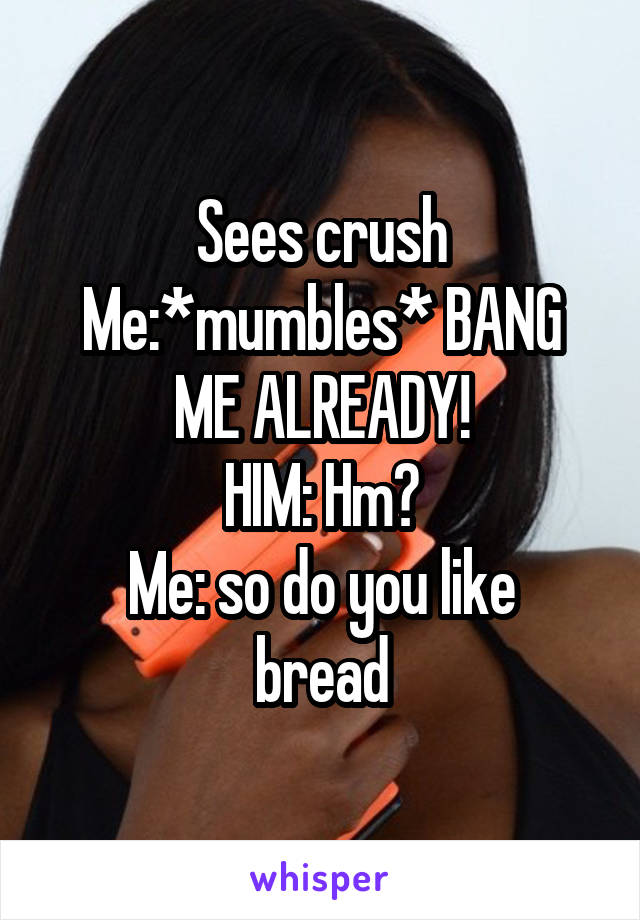 Sees crush
Me:*mumbles* BANG ME ALREADY!
HIM: Hm?
Me: so do you like bread