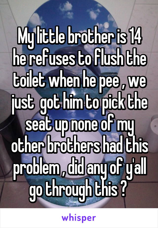 My little brother is 14 he refuses to flush the toilet when he pee , we just  got him to pick the seat up none of my other brothers had this problem , did any of y'all go through this ? 