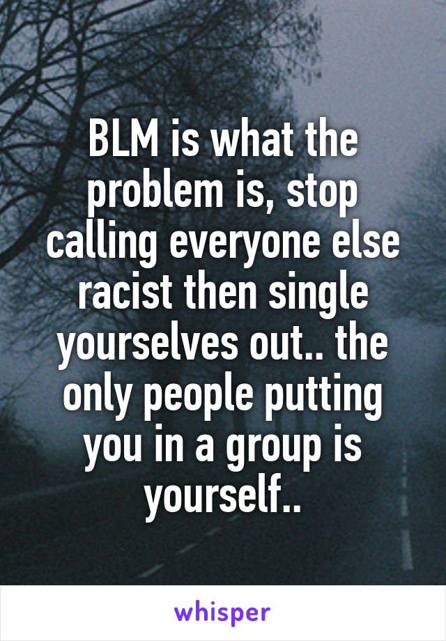 BLM is what the problem is, stop calling everyone else racist then single yourselves out.. the only people putting you in a group is yourself..