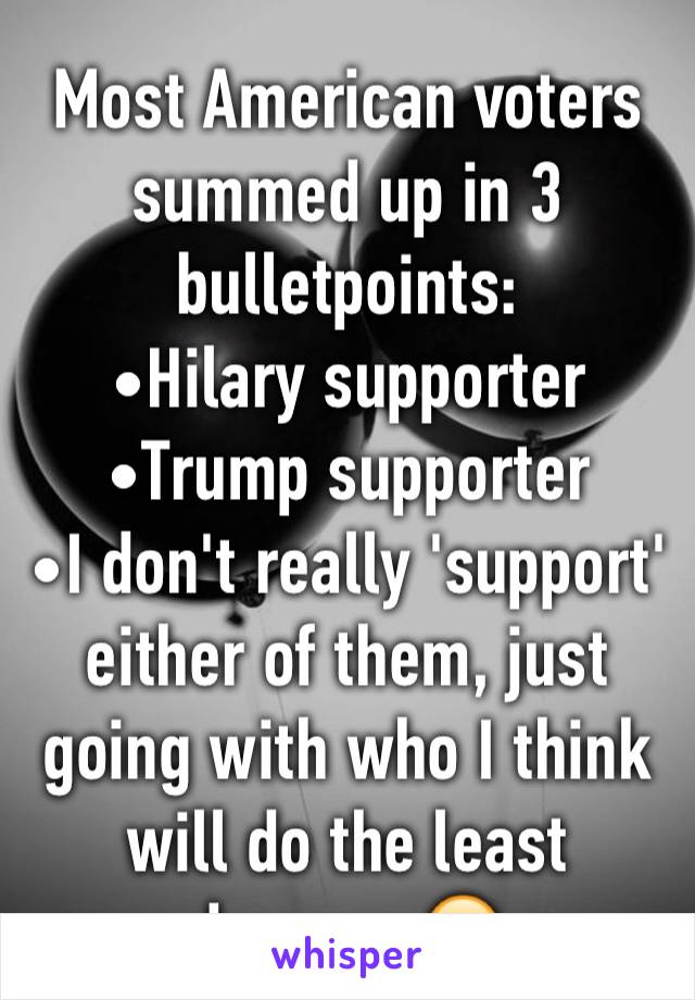 Most American voters summed up in 3 bulletpoints:
•Hilary supporter
•Trump supporter
•I don't really 'support' either of them, just going with who I think will do the least damage 😂