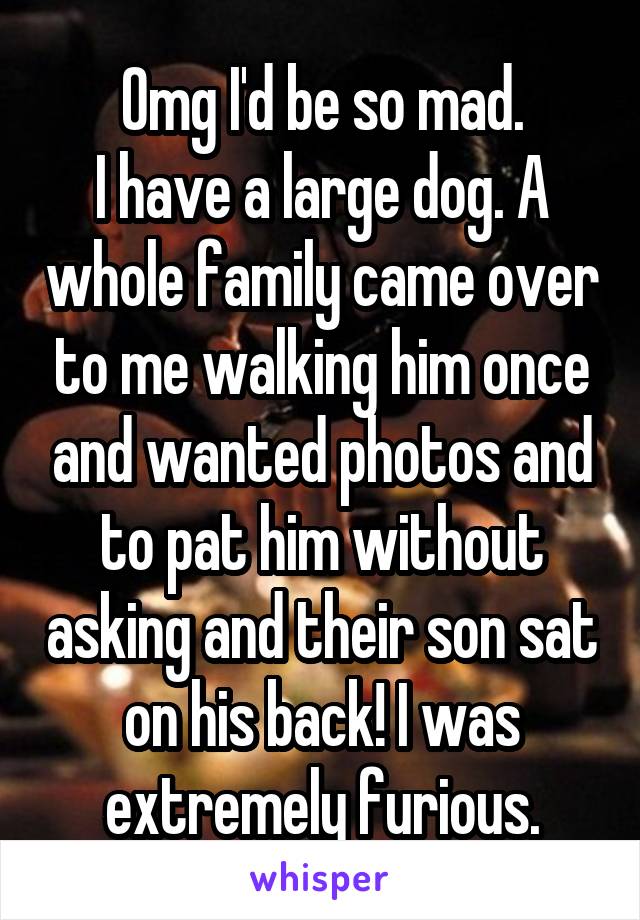 Omg I'd be so mad.
I have a large dog. A whole family came over to me walking him once and wanted photos and to pat him without asking and their son sat on his back! I was extremely furious.