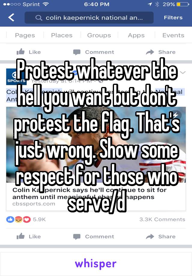 Protest whatever the hell you want but don't protest the flag. That's just wrong. Show some respect for those who serve/d