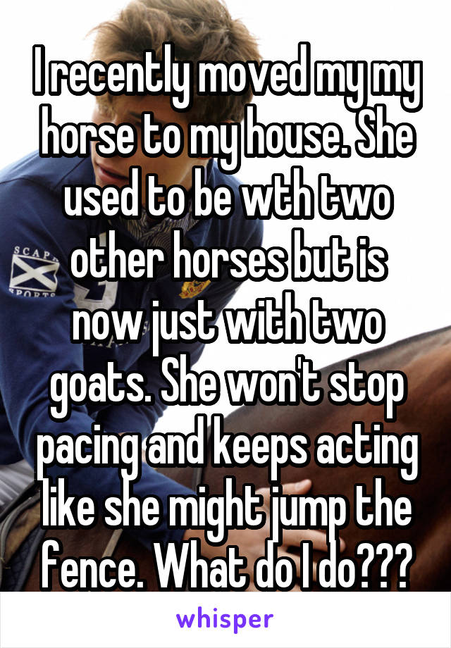 I recently moved my my horse to my house. She used to be wth two other horses but is now just with two goats. She won't stop pacing and keeps acting like she might jump the fence. What do I do???