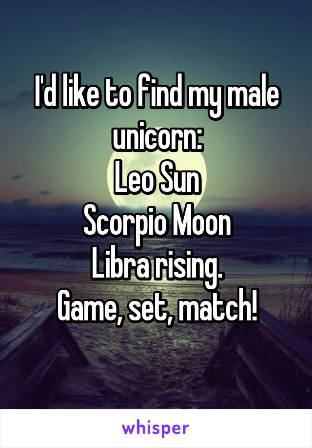 I'd like to find my male unicorn:
Leo Sun
Scorpio Moon
Libra rising.
Game, set, match!
