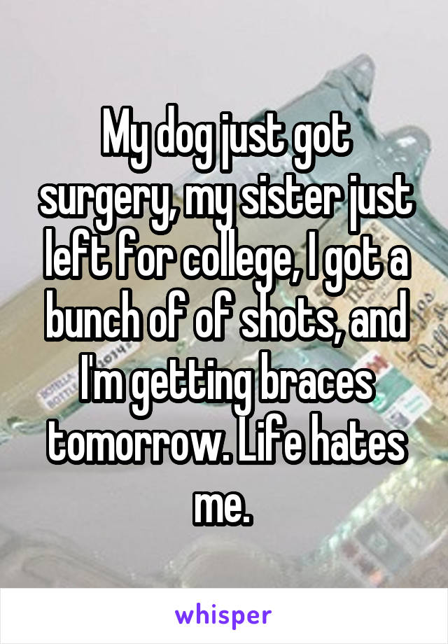 My dog just got surgery, my sister just left for college, I got a bunch of of shots, and I'm getting braces tomorrow. Life hates me. 