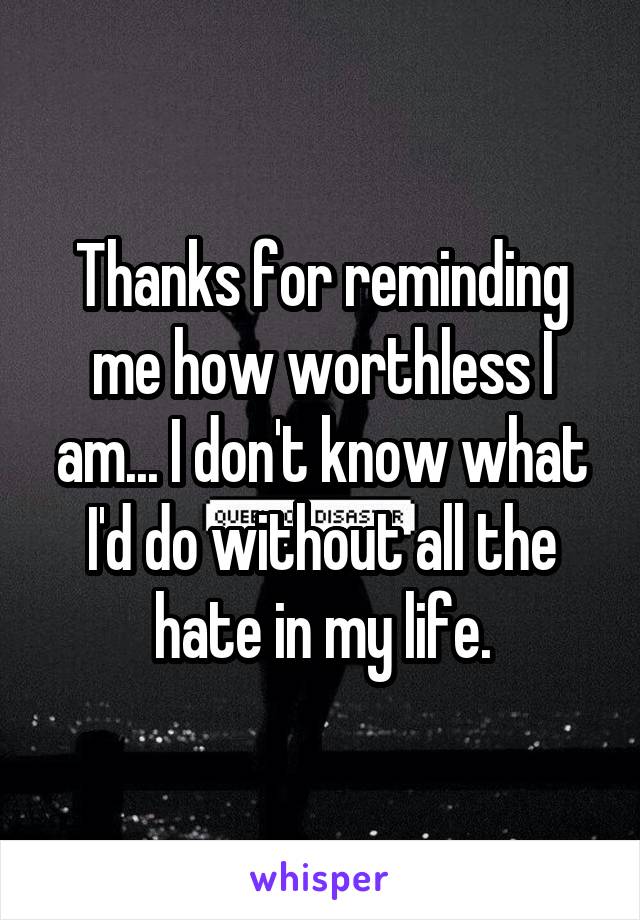 Thanks for reminding me how worthless I am... I don't know what I'd do without all the hate in my life.