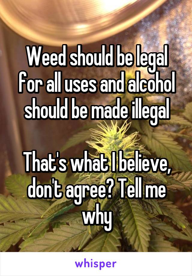 Weed should be legal for all uses and alcohol should be made illegal

That's what I believe, don't agree? Tell me why