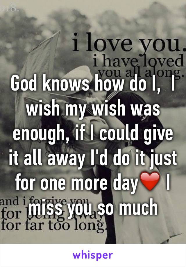 God knows how do I,  I wish my wish was enough, if I could give it all away I'd do it just for one more day❤️ I miss you so much