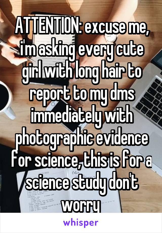 ATTENTION: excuse me, i'm asking every cute girl with long hair to report to my dms immediately with photographic evidence for science, this is for a science study don't worry 