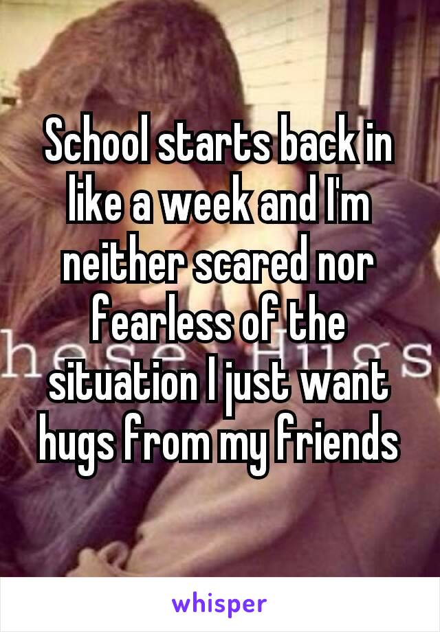 School starts back in like a week and I'm neither scared nor fearless of the situation I just want hugs from my friends 😞