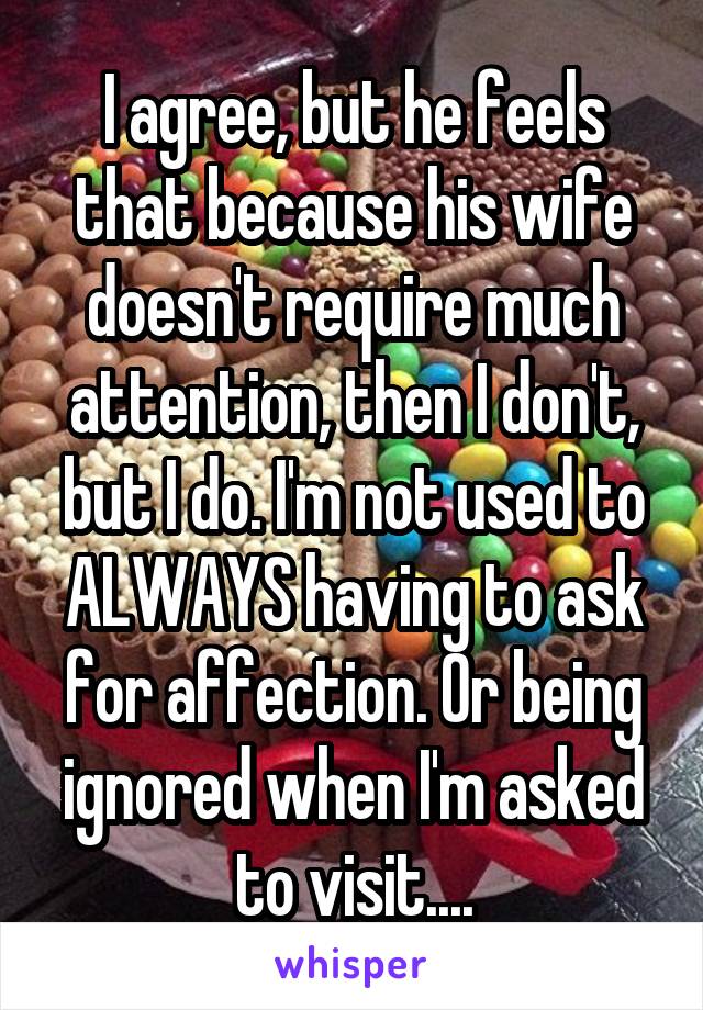 I agree, but he feels that because his wife doesn't require much attention, then I don't, but I do. I'm not used to ALWAYS having to ask for affection. Or being ignored when I'm asked to visit....