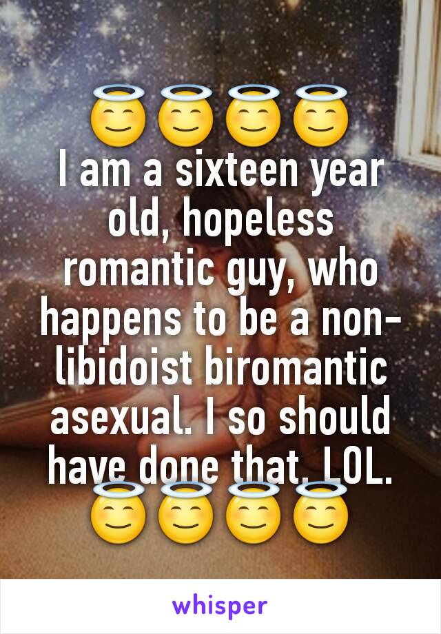 😇😇😇😇
I am a sixteen year old, hopeless romantic guy, who happens to be a non-libidoist biromantic asexual. I so should have done that. LOL. 😇😇😇😇