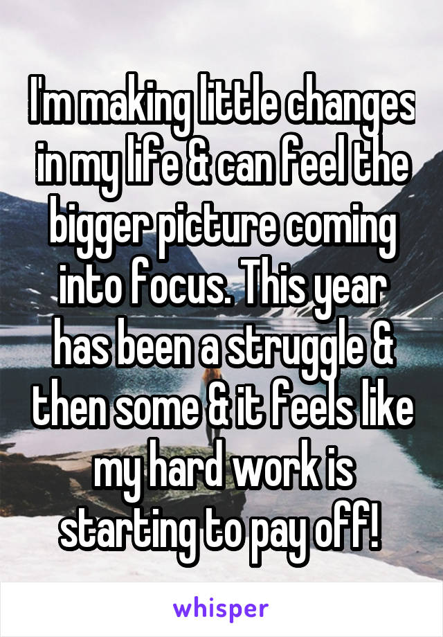 I'm making little changes in my life & can feel the bigger picture coming into focus. This year has been a struggle & then some & it feels like my hard work is starting to pay off! 