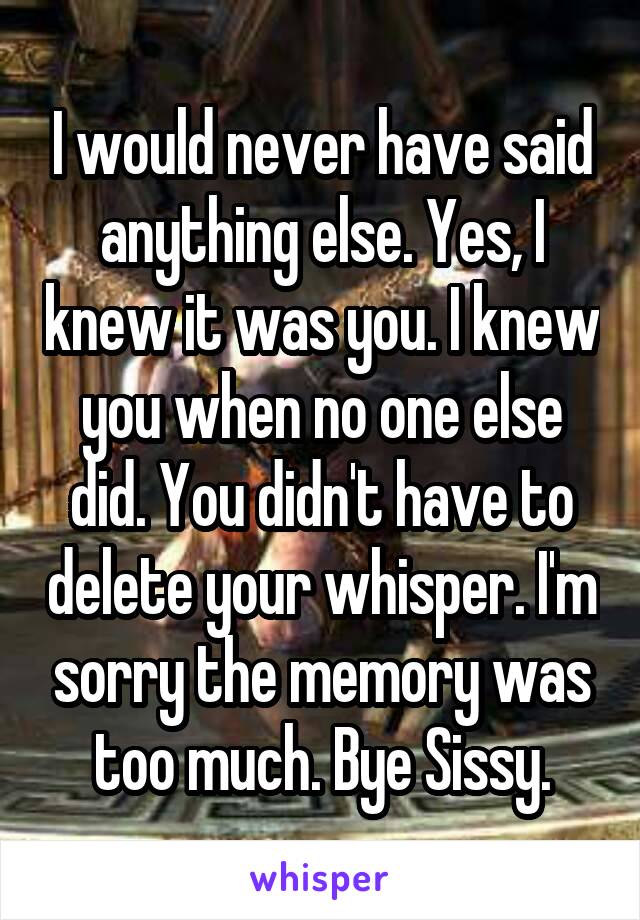 I would never have said anything else. Yes, I knew it was you. I knew you when no one else did. You didn't have to delete your whisper. I'm sorry the memory was too much. Bye Sissy.