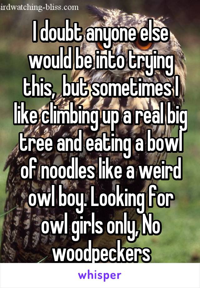 I doubt anyone else would be into trying this,  but sometimes I like climbing up a real big tree and eating a bowl of noodles like a weird owl boy. Looking for owl girls only, No woodpeckers